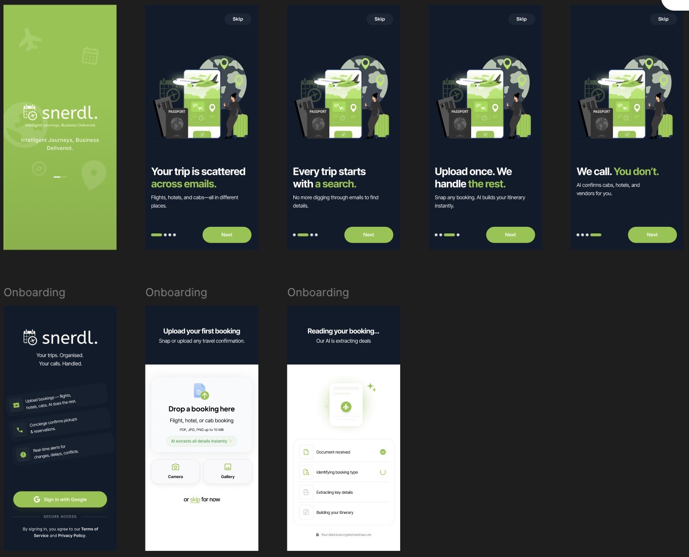 Snerdl app onboarding and itinerary screens